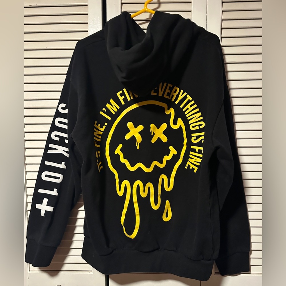Lane Seven Drippy Smiley Face Everything is Fine Black Hoodie Sweatshirt Men’s L